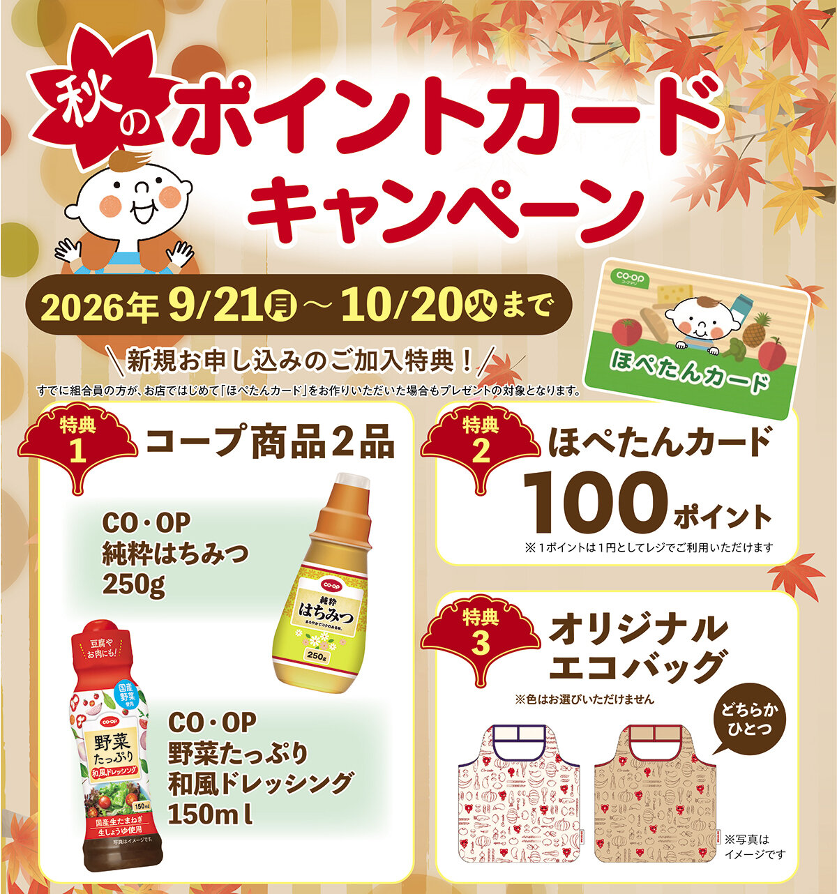 10月20日（火）まで ポイントカードキャンペーン 新規お申し込みの方に!100ポイント さらにコープ商品2つとエコバッグプレゼント